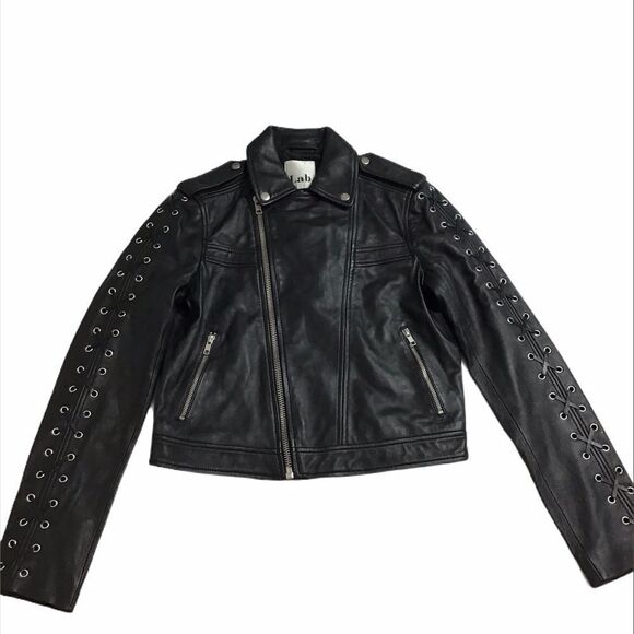 Lab London Black Leather Moto Biker Jacket  Lattice Sleeve Size Medium - Picture 2 of 10